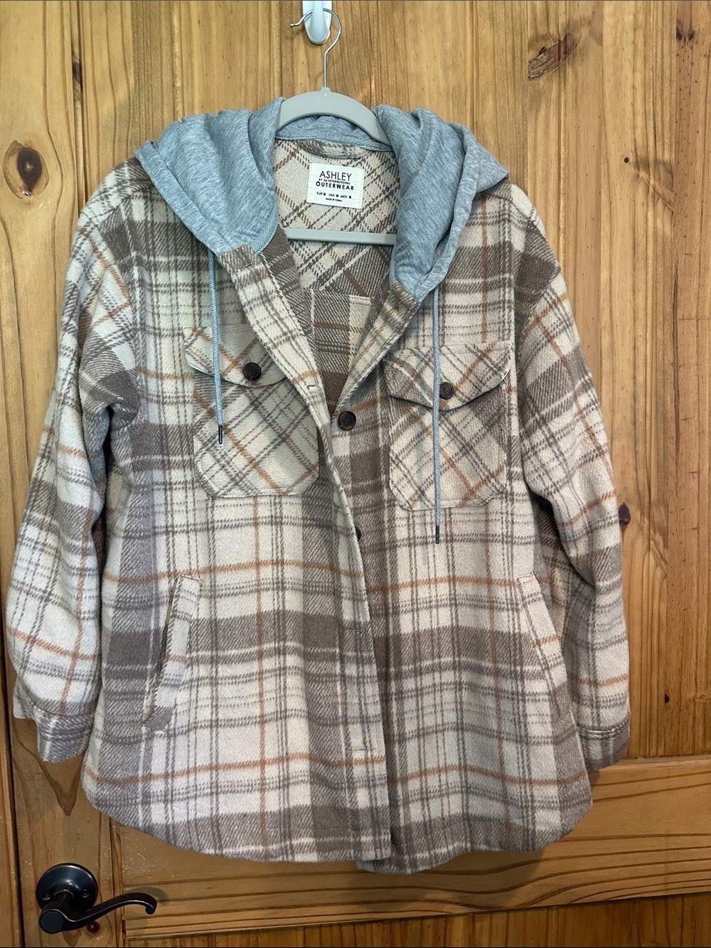 Ashley By 26 International Plaid Hooded Shacket in Beige, Gray and Brown